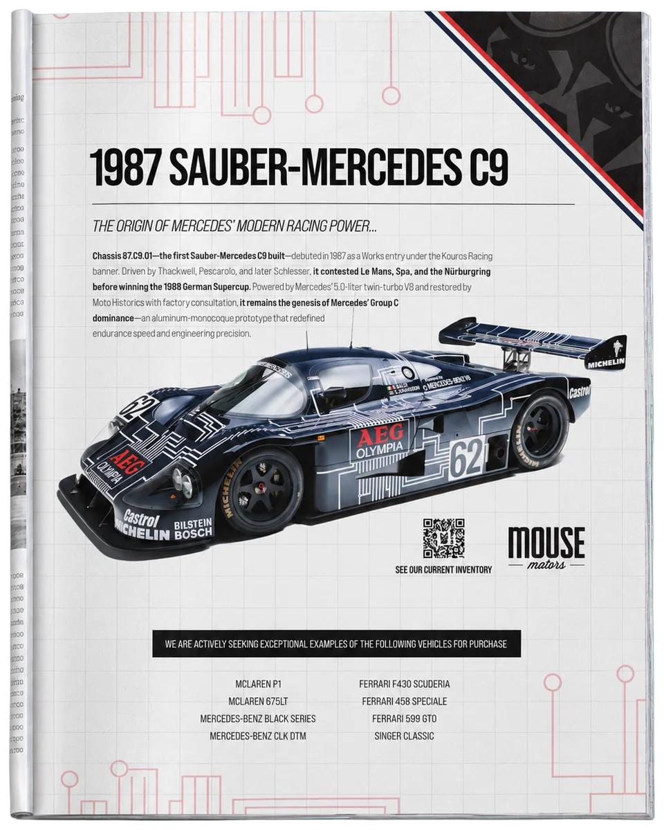 Sauber-Mercedes C9 · Print ad in a photographed magazine mockup