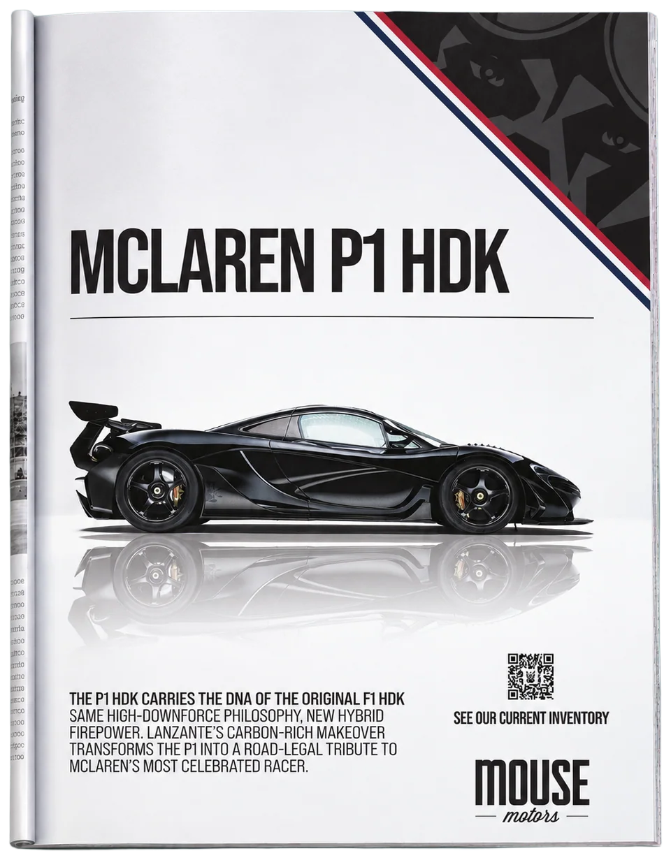 McLaren P1 HDK · Print ad in a photographed magazine mockup