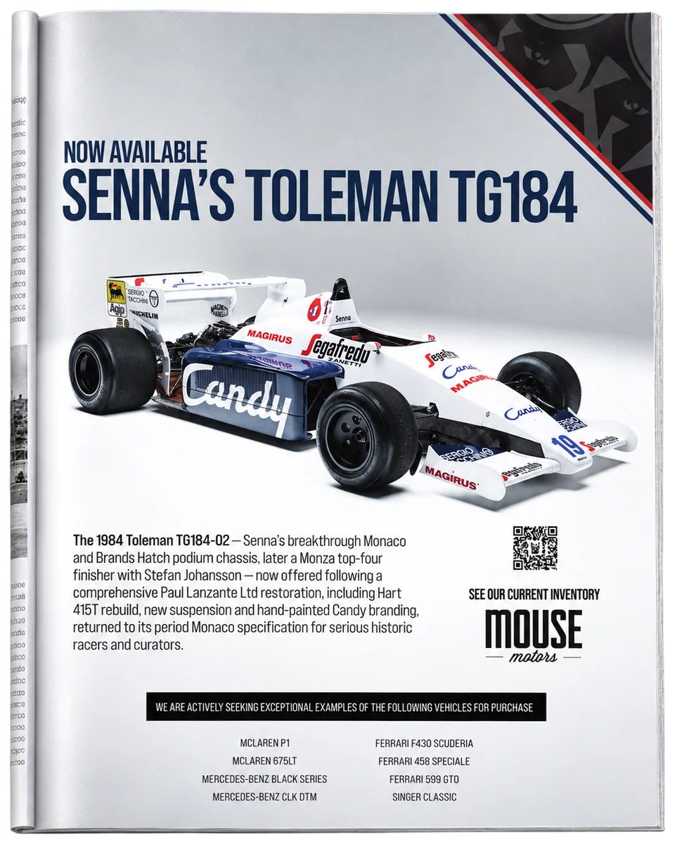 Senna’s Toleman TG184 · Print ad in a photographed magazine mockup