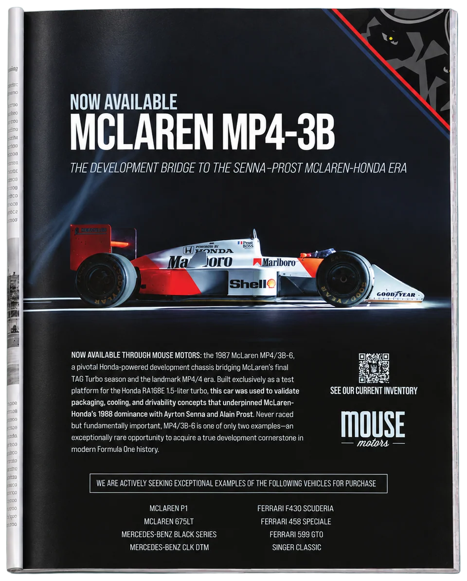 McLaren MP4/3B · Print ad in a photographed magazine mockup