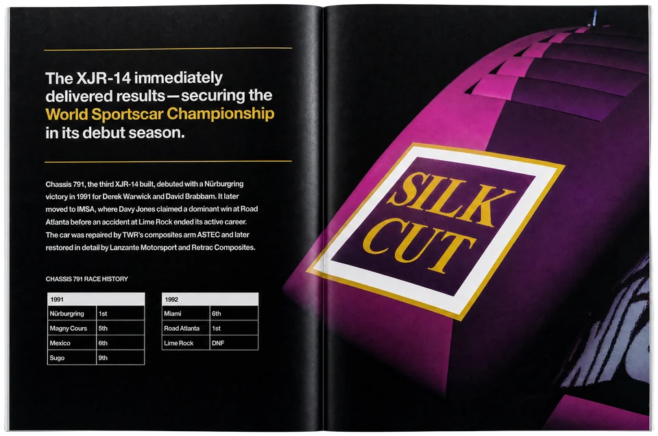 Jaguar XJR-14 · Spread 3 in a photographed magazine mockup