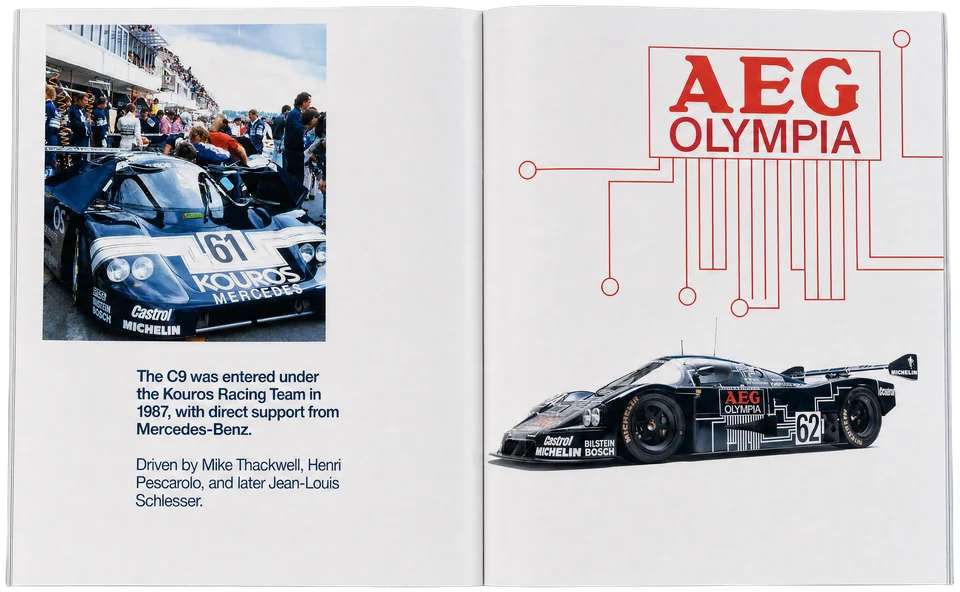 Sauber-Mercedes C9 · Spread 2 in a photographed magazine mockup